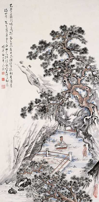 诸健秋 戊辰（1928年）作 松下抚琴 立轴